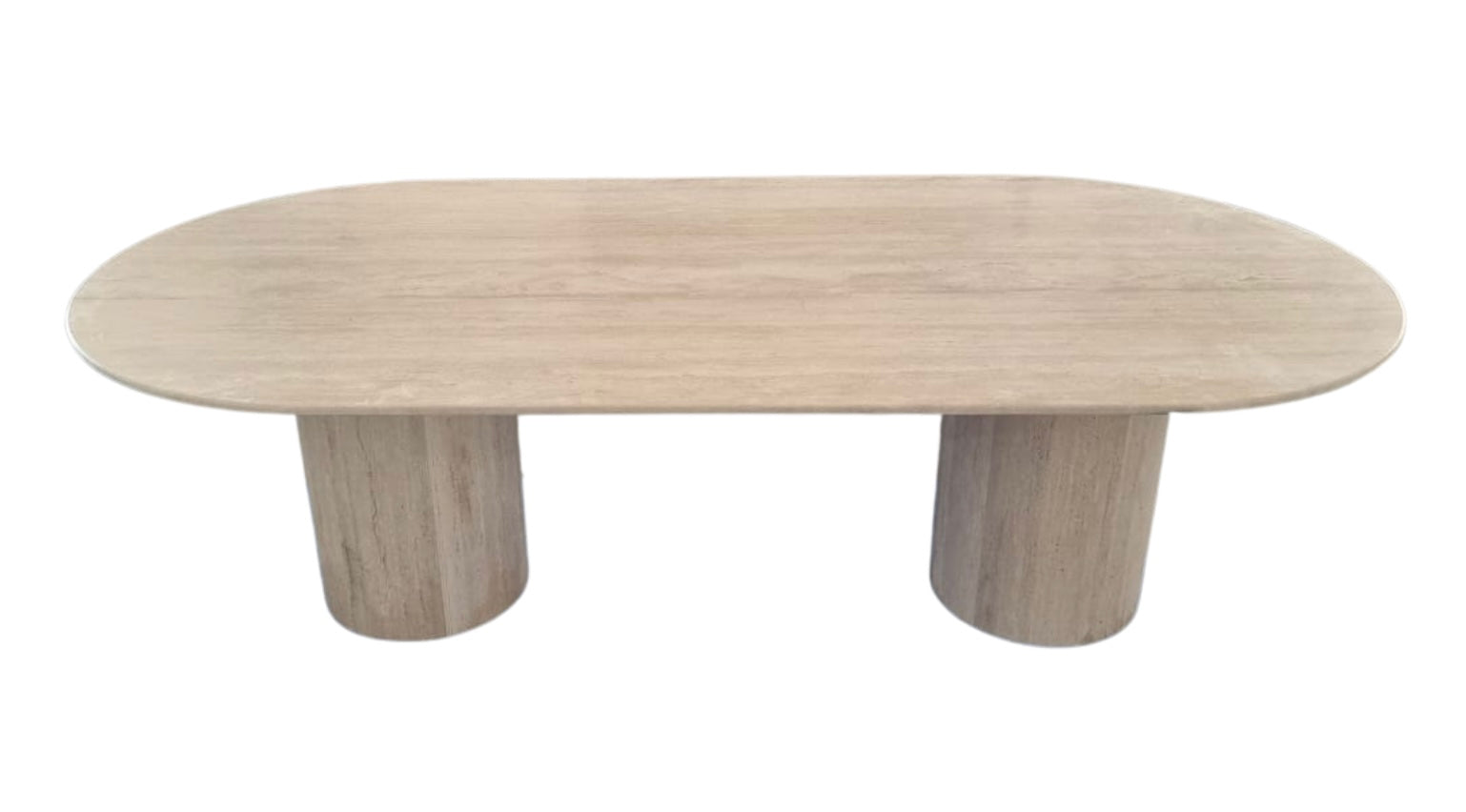 Tondo dining table 8 seater in light beige travertine stone oval shape with 2 cylinder bases.