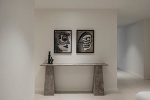 Zancos console table in silver travertine, strong design and textured stone.